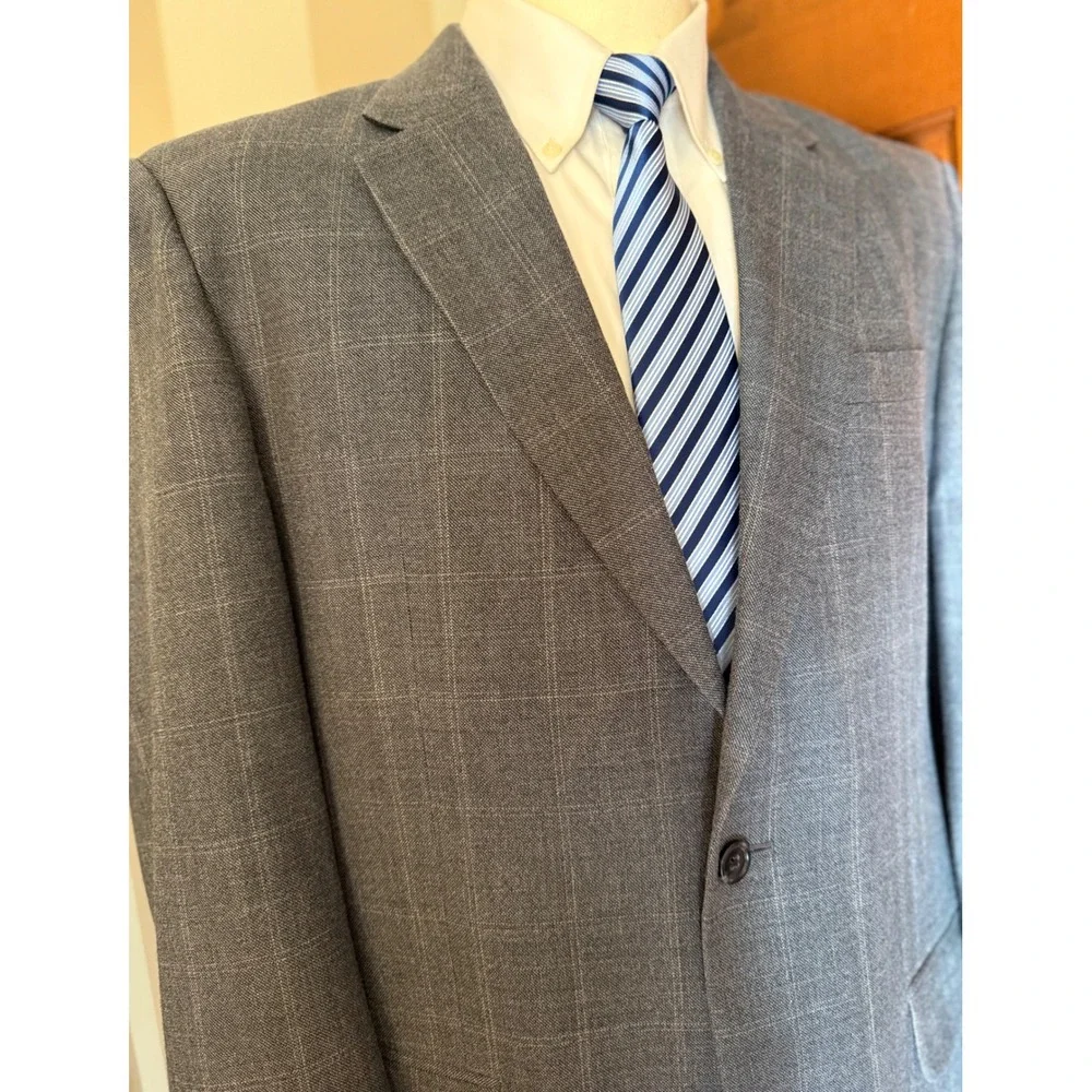 Jos. A. Bank Silk Wool Sport Coat Men 42L Blue Windowpane 2-Button Blazer Jacket